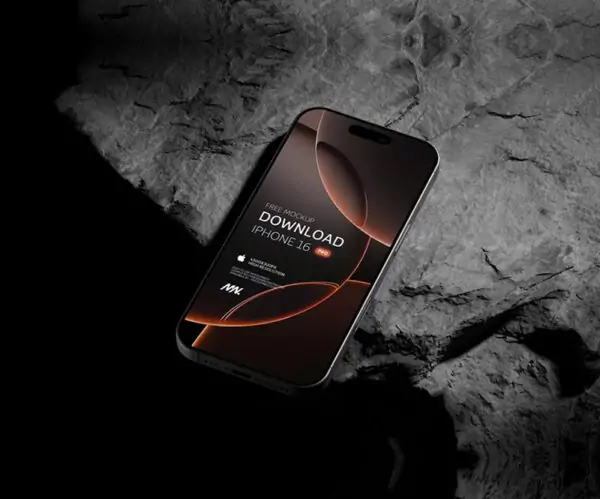 Free Titanium iPhone 16 Pro Mockup On Black Rock (PSD)
