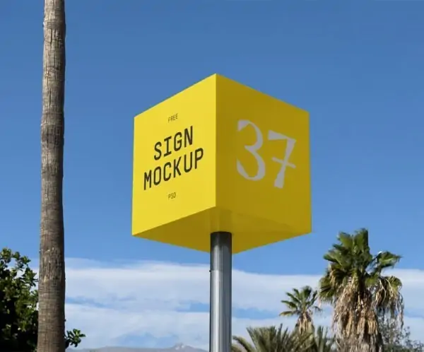 Free Cube Sign with Pole Mockup (PSD)